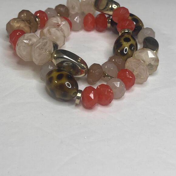 peach apricot and cheetah pattern beaded bracelet stretchy two strand pull on - Picture 6 of 9